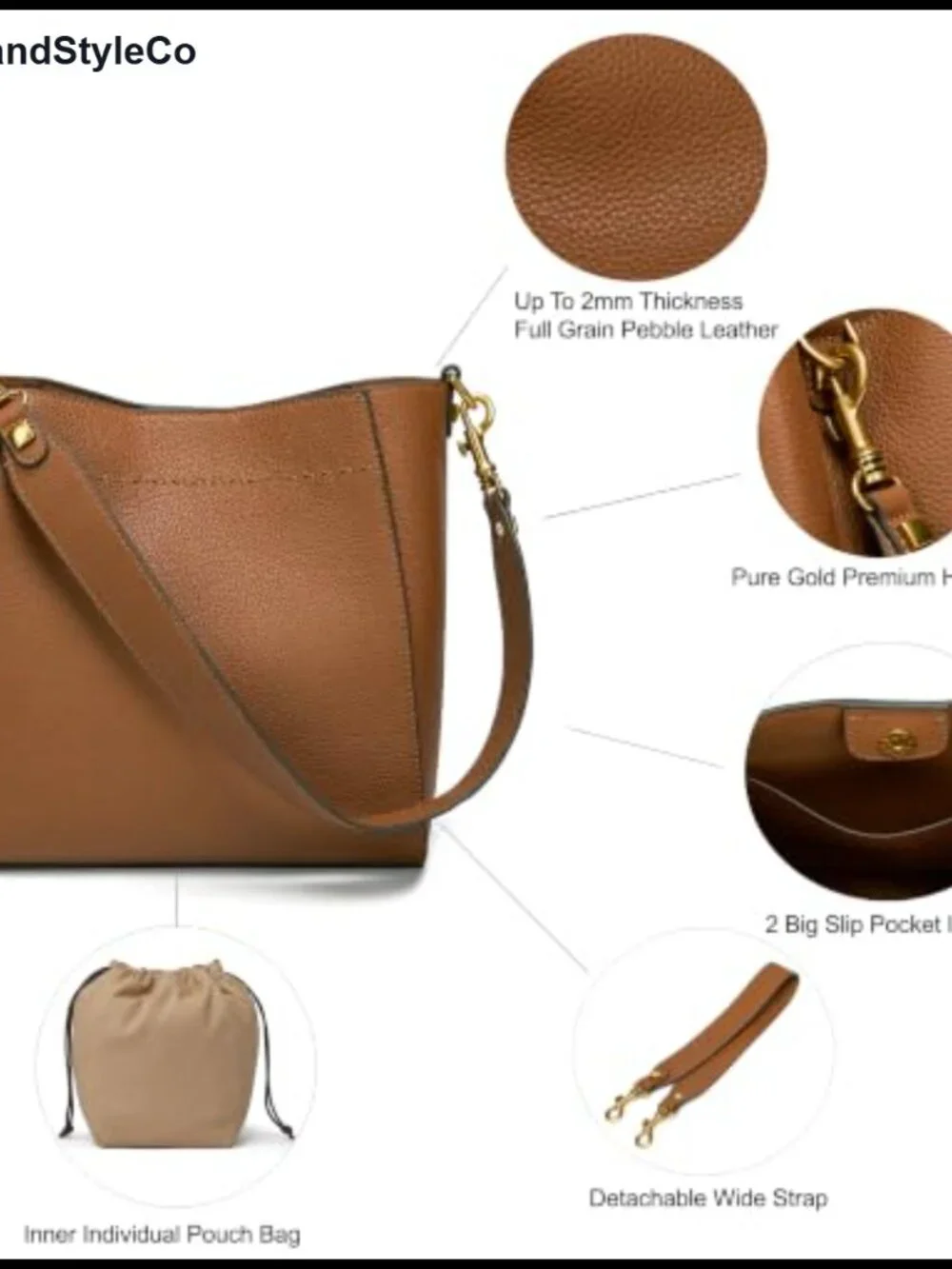 Genuine Leather Bucket Hobo Bag Shoulder Tote Purse for Women Detachable Strap
